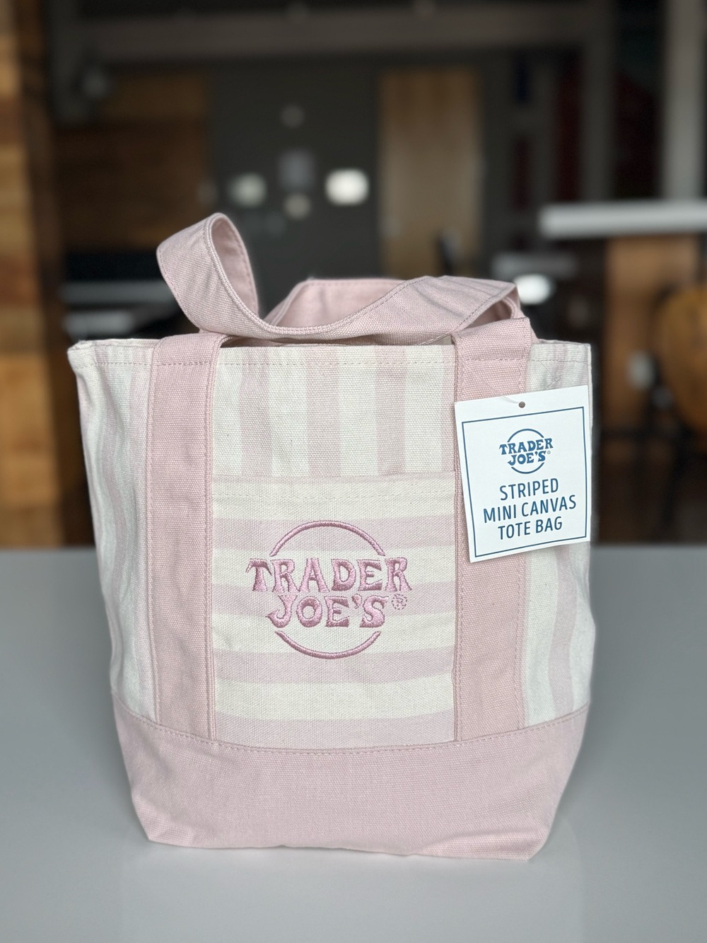 (1) Trader Joe’s Mini Canvas Tote Bag 💐PINK Pastel Striped